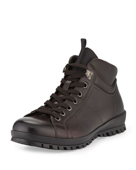 prada leather lugged hiking boot|Prada thigh high boots.